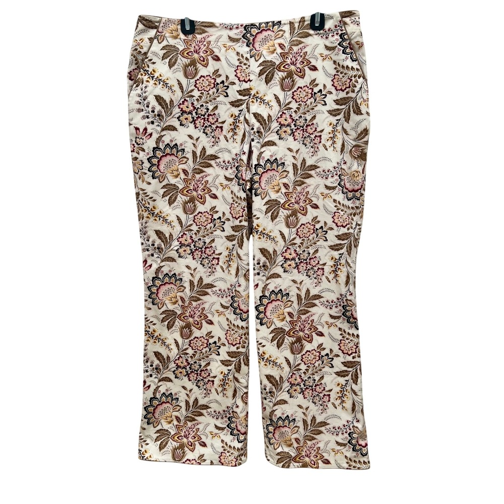 Fibers Barbara Lesser Floral Straight Leg Pants Tan Pink Women Size 16 USA Made